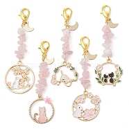 Easter Theme Rabbit & Cat Alloy Enamel Pendant Decoration, with Rose Quartz Chip and 316L Surgical Stainless Steel Clasp, Mixed Color, 75~81mm(HJEW-JM01464)