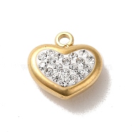 304 Stainless Steel Charms, with Crystal Rhinestone, Heart Charm, Real 14K Gold Plated, 11x11x5.5mm, Hole: 1.6mm(STAS-L022-278G)