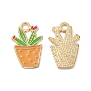 Alloy Enamel Pendants, Potted Plant Charm, Golden, Orange, 22x14.5x1.5mm, Hole: 2.5mm(ENAM-G211-01G-02)