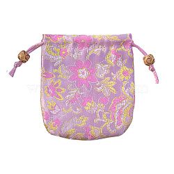 Chinese Style Flower Pattern Satin Jewelry Packing Pouches, Drawstring Gift Bags, Rectangle, Plum, 10.5x10.5cm(PW-WG42698-03)