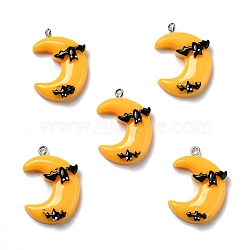 Halloween Opaque Resin Pendants, with Platinum Tone Iron Loops, Moon with Black Bats, Gold, 30.5x22x7mm, Hole: 2mm(RESI-B011-11)