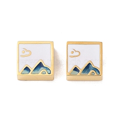 Ion Plating(IP) 304 Stainless Steel Enamel Beads, Square with Mountain & Cloud, Golden, 8x8x3mm, Hole: 2mm(STAS-I309-11B-G)