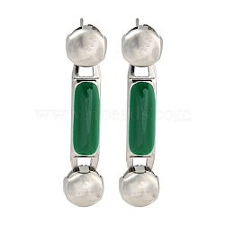 304 Stainless Steel Enamel Stud Earrings, for Women, Rectangle with Round, Stainless Steel Color, Green, 36x8mm(EJEW-S229-15P-08)