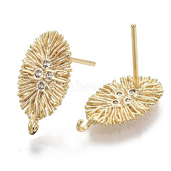 Brass Micro Pave Cubic Zirconia Stud Earring Findings, with Loop, Real 18K Gold Plated, Nickel Free, Oval, Clear, 15.5x8.5mm, Hole: 1mm, Pin: 0.8mm(X-KK-T056-03G-NF)