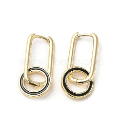 Real 18K Gold Plated Brass Ring Dangle Hoop Earrings, with Enamel, Black, 30x13mm(EJEW-L268-022G-01)