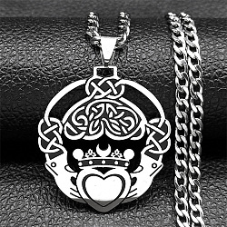 304 Stainless Steel Pendant Necklaces, Flat Round with Heart, Stainless Steel Color, 23.82 inch(60.5cm)(NJEW-C066-12P)