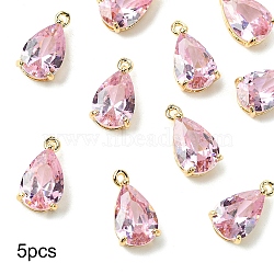 5Pcs Transparent Glass Charms, with Brass Findings, Faceted, Teardrop, Light Gold, Pearl Pink, 15x8x6mm, Hole: 1.2mm(GLAA-YW0004-41B)