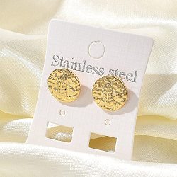 304 Stainless Steel Stud Earrings, Ion Plating(IP), Flat Round, Golden, Feather, 12.5mm(EJEW-F354-06G-02)