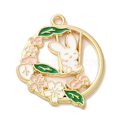 Alloy Enamel Pendants, Golden, Flat Round with Rabbit Charm, White, 30x26x1.5mm, Hole: 2mm(ENAM-147-03H-G)