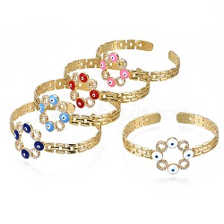 Cubic Zirconia Ring with Evil Eye Open Cuff Bangle with Enamel for Women, Real 18K Gold Plated Brass Jewelry, Nickel Free, Mixed Color, Inner Diameter: 2-1/2 inch(6.2cm)(BJEW-N012-014)
