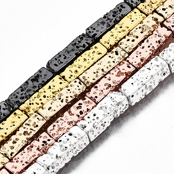 Electroplated Natural Lava Rock Beads Strands, Cuboid, Bumpy, Mixed Color, 12.5x4x4mm, Hole: 1mm, about 32pcs/strand, 15.75 inch(40cm)