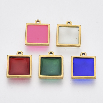 201 Stainless Steel Pendants, with Epoxy Resin, Square, Mixed Color, Golden, 12x10x1.5mm, Hole: 1.2mm