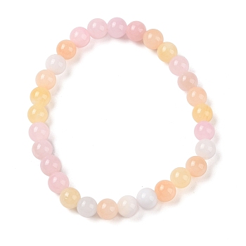 Natural Green Jade(Dyed) Round Beaded Stretch Bracelets, Pearl Pink, Inner Diameter: 2-1/8 inch(5.45cm), 6mm