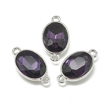 Alloy Glass Links connectors, Faceted, Oval, Platinum, Purple, 22x12x6mm, Hole: 1.5mm
