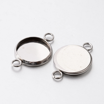 Flat Round 304 Stainless Steel Cabochon Connector Settings, Stainless Steel Color, Tray: 14mm, 23.5x16x2mm, Hole: 2.5mm