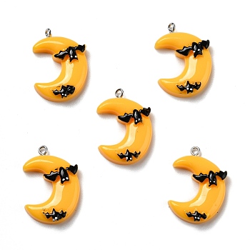 Halloween Opaque Resin Pendants, with Platinum Tone Iron Loops, Moon with Black Bats, Gold, 30.5x22x7mm, Hole: 2mm