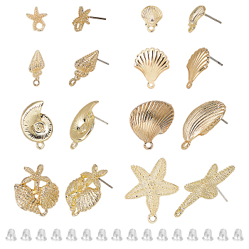 32Pcs 8 Style Alloy Stud Earring Findings, with Loop, Steel Pins, with 50Pcs Plastic Ear Nuts, Spiral & Starfish & Snail & Shell, Light Gold, 11.5~30x9~26mm, Hole: 1.2~2.5mm, Pin: 0.7mm, 4pcs/style