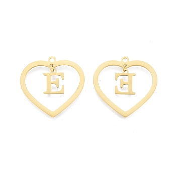 201 Stainless Steel Pendants, Hollow, Heart with Letter A~Z, Real 18K Gold Plated, Letter.E, 29x29.5x1mm, Hole: 2mm, A~Z: 12x8~10.5x1mm