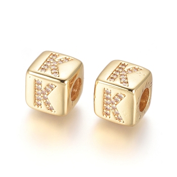 Brass Micro Pave Cubic Zirconia European Beads, Horizontal Hole, Large Hole Beads, Long-Lasting Plated, Cube with Letter, Golden, Clear, Letter.K, 9x9x9.5mm, Hole: 4.5mm
