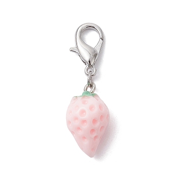 Opaque Resin Strawberry Pendant Decoration, with Alloy Lobster Claw Clasps, Pink, 39mm