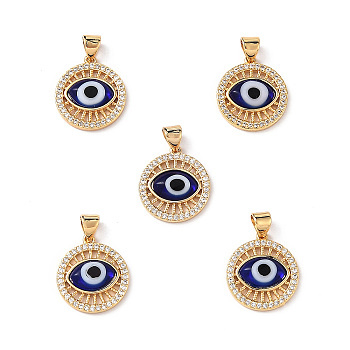 Lampwork Evil Eye Pendants with Clear Cubic Zirconia, Real 18K Gold Plated Brass Findings, Lead Free & Cadmium free, Blue, 18x16x4mm, Hole: 3x3.5mm
