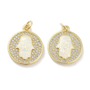 Brass Micro Pave Clear Cubic Zirconia Pendants, with Synthetic Opal and Jump Rings, Real 18K Gold Plated, Hamsa Hand Charms, White, 20.5x17x3mm, Hole: 3mm