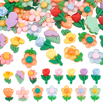 60Pcs 15 Styles Opaque Resin Cabochons, Flower Mixed Shapes, Mixed Color, 21~27x15~20x5~6.5mm, 4pcs/style