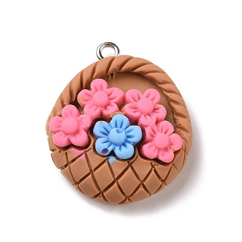 Opaque Resin Pendants, with Platinum Tone Iron Loops, Flower Basket, Camel, 27x23.5x10.5mm, Hole: 2mm