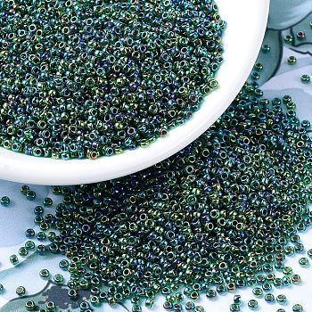 MIYUKI Round Rocailles Beads, Japanese Seed Beads, (RR344) Lined Green AB, 11/0, 2x1.3mm, Hole: 0.8mm, about 1100pcs/bottle, 10g/bottle