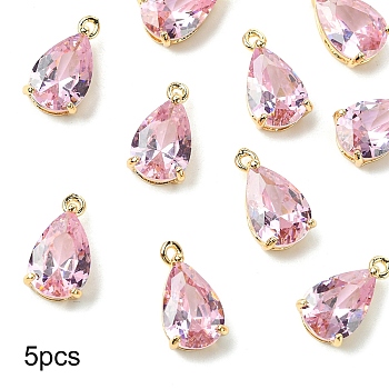 5Pcs Transparent Glass Charms, with Brass Findings, Faceted, Teardrop, Light Gold, Pearl Pink, 15x8x6mm, Hole: 1.2mm