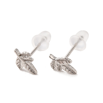 Rhodium Plated Sterling Silver Stud Earrings for Women, Leaf, with S925 Stamp, Platinum, 9x7mm