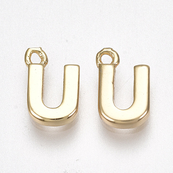 Brass Charms, Letter, Nickel Free, Real 18K Gold Plated, Letter.U, 8.5x5.5x1.5mm, Hole: 0.8mm