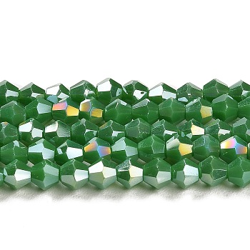 Opaque Solid Color Electroplate Glass Beads Strands, AB Color Plated, Faceted, Bicone, Sea Green, 4x4mm, Hole: 0.8mm, about 87~98pcs/strand, 12.76~14.61 inch(32.4~37.1cm)