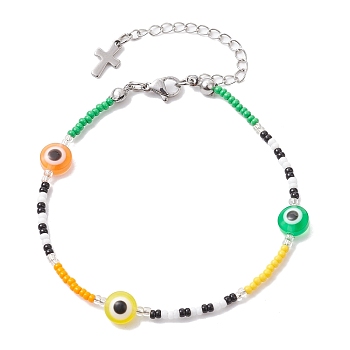 Resin Evil Eye & Glass Seed Beaded Bracelets, Green, 10-3/8 inch(26.5cm)