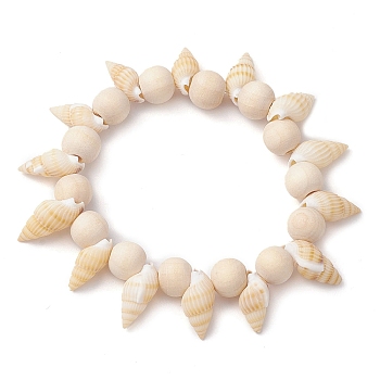 Summer Beach Natural Spiral Shell Stretch Bracelets, 8mm Round Wood Beaded Stretch Bracelets for Women, Floral White, Inner Diameter: 1-7/8 inch(4.8cm)