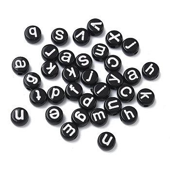 Opaque Acrylic Beads, Flat Round with Letter, Black, 7x4mm, Hole: 1.8mm, about 3700pcs/500g