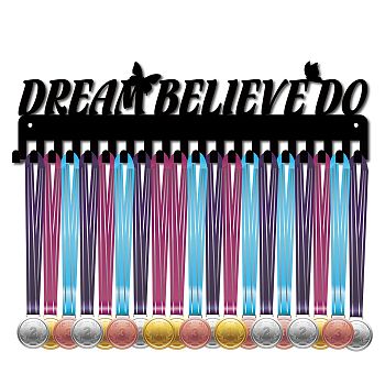 Iron Medal Holder Frame, Medals Display Hanger Rack, 20 Hooks, with Screws, Rectangle with Butterfly & Word DREAM BELIEVE DO Pattern, Electrophoresis Black, 11.3x40cm