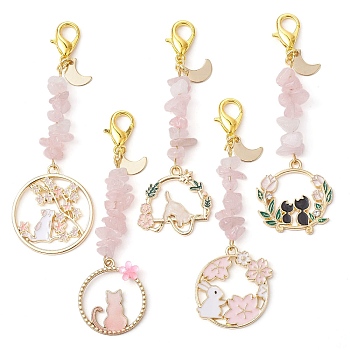Easter Theme Rabbit & Cat Alloy Enamel Pendant Decoration, with Rose Quartz Chip and 316L Surgical Stainless Steel Clasp, Mixed Color, 75~81mm