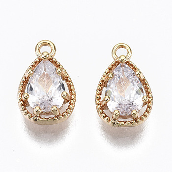 Brass Micro Cubic Zirconia Charms, Nickel Free, Real 18K Gold Plated, Teardrop, Clear, 9.5x6x3.5mm, Hole: 1mm