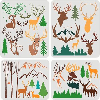 4Pcs 4 Styles Plastic Painting Stencils Sets, Reusable Drawing Stencils, for Painting on Scrapbook Fabric Tiles Floor Furniture Wood, Elk in Forest, White, Deer Pattern, 30x30cm, 1pc/style