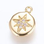 Brass Charms, Cadmium Free & Lead Free, with Cubic Zirconia, Flat Round with Star, Golden, 13x9.5x2mm, Hole: 1mm(ZIRC-G116-08G)