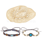 1Pc Women Straw Floppy Wide Brim Sun Hat, Anti-UV Beach Hat, with 2Pcs Wooden and Imitation Leather Hat Band, Mixed Color, 345x300x110mm, Inner Diameter: 190mm(AJEW-PH0007-64)