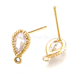 Brass Cubic Zirconia Stud Earring Findings, with Loop, Teardrop, Clear, Golden, 9.5x5.5mm, Hole: 1mm, Pin: 0.8mm(KK-CJ0001-58)