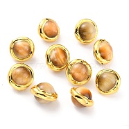 Natural Tiger Eye Beads, with Golden Brass Edge, Dyed, Round, Bisque, 15.5~17x15.5~16x12.5mm, Hole: 0.8mm(G-B011-06G-D)
