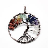 Natural/Synthetic Mixed Stone Chip Big Pendants, with Brass Wires, Tree, Red Copper, 62~65x48~53x5~10mm, Hole: 4mm(G-R440-R02)