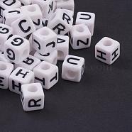 Acrylic Horizontal Hole Letter Beads, Mixed Letters A to Z, Cube, White, 8x8x8mm, Hole: 4mm(OACR-E001-12)