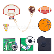 Unicraftale 6Pcs 6 Style Badminton & Basketball & Football Enamel Pins, Sports Theme Alloy Badges with Brass Pins for Backpack Clothes, Mixed Color, 15~100x28x10.5~18mm, 1Pc/style (JEWB-UN0001-03)