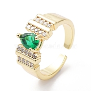 Cubic Zirconia Teardrop Open Cuff Ring, Real 18K Gold Plated Brass Jewelry for Women, Green, Inner Diameter: 16.8mm(RJEW-G287-03G-01)