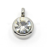 Trendy Original Color 304 Stainless Steel Grade A Rhinestone Flat Round Charm Pendants, Faceted, Crystal, 9x6.5x4mm, Hole: 2mm(X-RB-M030-06J)