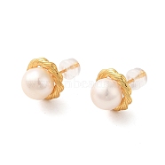 Sterling Silver Studs Earrings, with Natural Pearl,  Jewely for Women, Round, Real 18K Gold Plated, 20x12mm(EJEW-K273-10G)